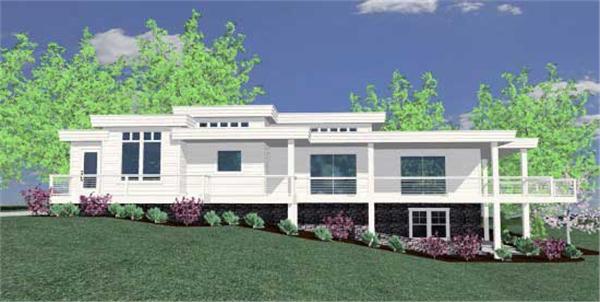 This is the front elevation for these Prairie House Plans.