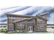 This is the front elevation for these Prairie Style House Plans.