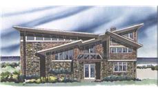 This is the front elevation for these Prairie Style House Plans.