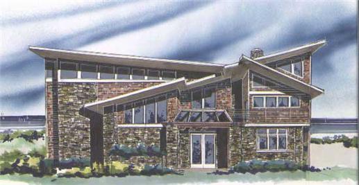 This is the front elevation for these Prairie Style House Plans.
