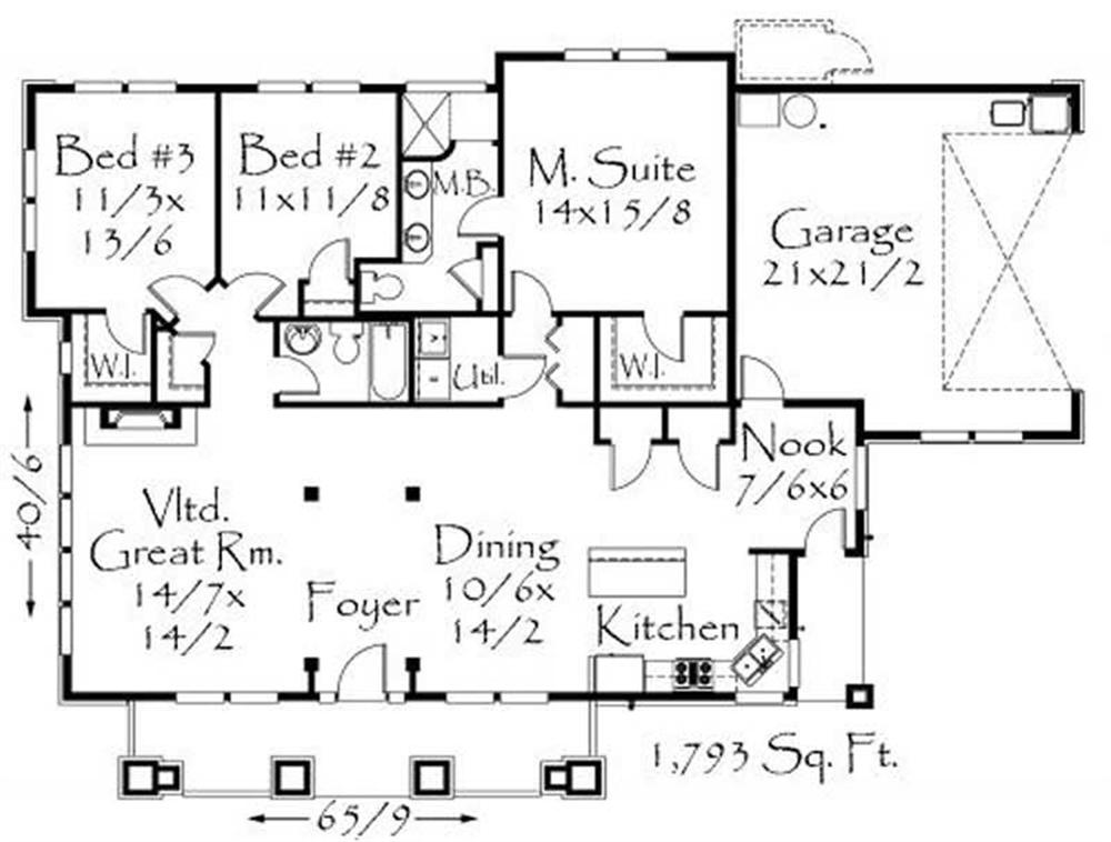 This image shows the living and dining areas along with the master bedroom and bath.
