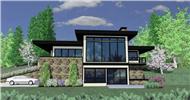 This is the front elevation for these Prairie House Plans.