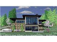This is the front elevation for these Prairie House Plans.