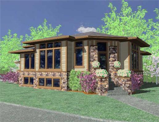 This is the front elevation of these Contemporary Prairie House Plans