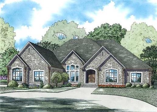 This is the front elevation for these French House Plans.