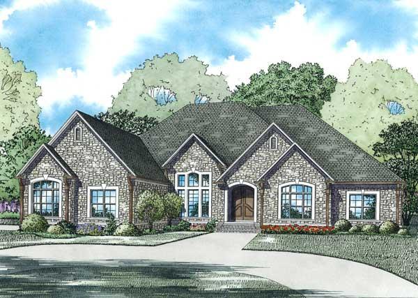 This is the front elevation for these French House Plans.