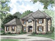 This is a colorful front elevation of these Luxury European House Plans.