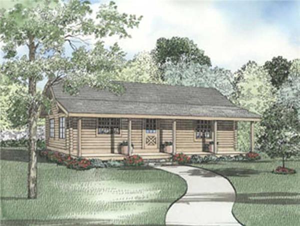 This image shows the front elevation for these Log Cabins and Vacation House Plans.