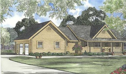 This image shows the front elevation for these Log House Plans.