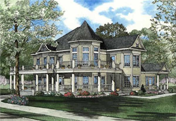 This image shows the front elevation for this set of Luxury House Plans, Victorian House Plans.