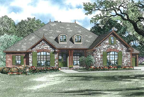 This is the front elevation for these European Ranch House Plans.
