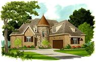 This image is an artist's rendering of the front elevation of these classy Tudor House Plans.