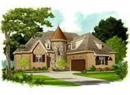 This image is an artist's rendering of the front elevation of these classy Tudor House Plans.