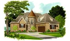 This image is an artist's rendering of the front elevation of these classy Tudor House Plans.