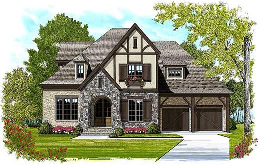 This is the front elevation that was drawn by an artist that will show what the front of this set of Tudor home plans looks like.