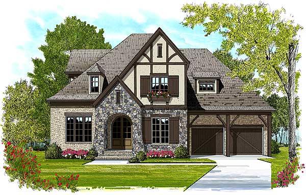 This is the front elevation that was drawn by an artist that will show what the front of this set of Tudor home plans looks like.