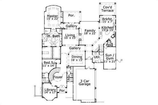 This image shows the living and dining areas along with the master bedroom and bath.