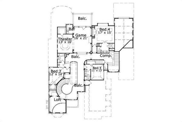 This image shows the game, theater and 3 bedrooms.