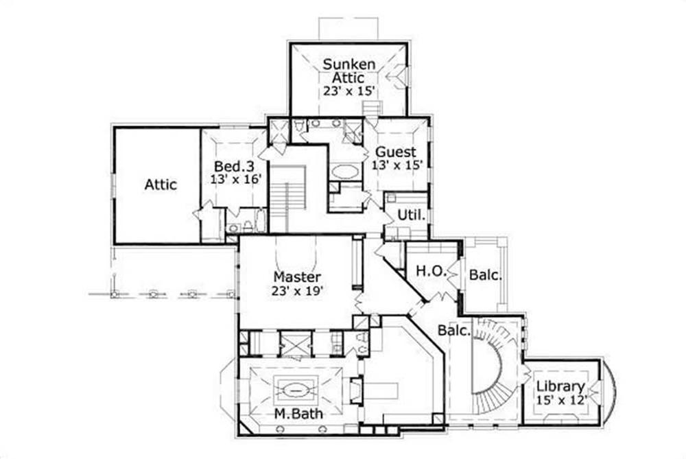 This image shows the master bedroom and bath along with the library and sunken attic.