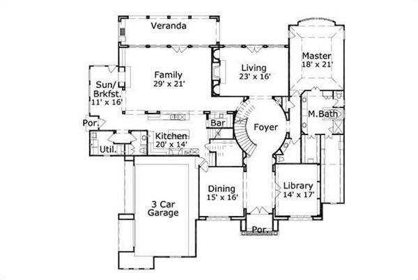 This image shows the living and dining areas along with the master bedroom and bath.