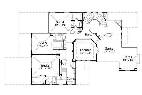 This image shows the game, theater, and 3 bedrooms.