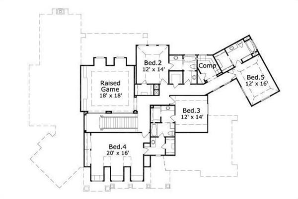 This image shows the raised game room along with 3 bedrooms.