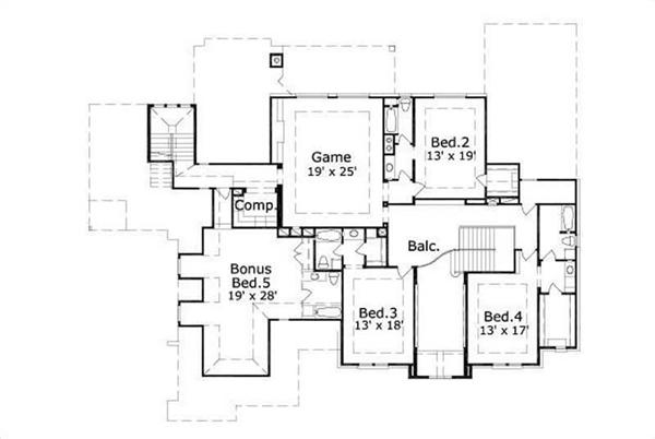 This image shows the game room along with 4 bedrooms.