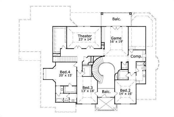 This image shows the theater, game, and 3 bedrooms.