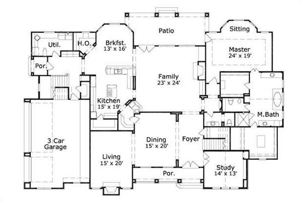 This image shows the living and dining areas along with the master bedroom and bath.