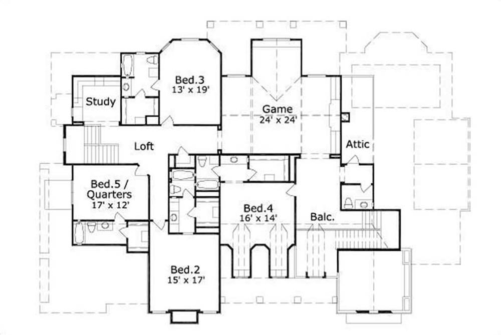 This image shows the game room along with 4 bedrooms.