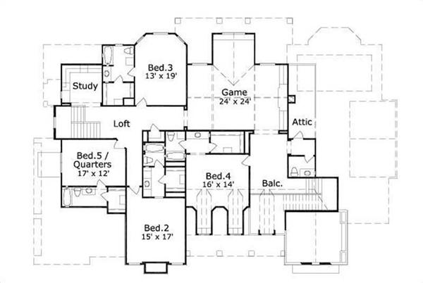 This image shows the game room along with 4 bedrooms.