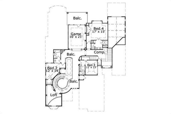 This image shows the game room and 3 bedrooms.
