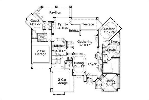 This image shows the first floor plan, the library, terrace and the pavillion. 