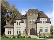 This image shows the front elevation for these European castle House Plans.