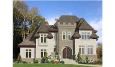 This image shows the front elevation for these European castle House Plans.