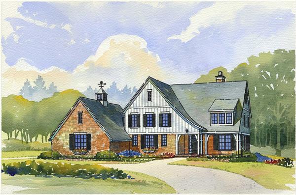 This is a colored rendering of these Farmhouse Houseplans.