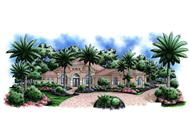 This image shows the front elevation of these Mediterranean Houseplans.