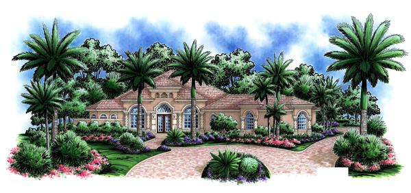 This image shows the front elevation of these Mediterranean Houseplans.