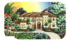 This is a colorful rendering of these Tuscan Mediterranean House Plans.