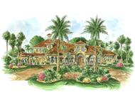 This image shows the front elevation of these Mediterranean Houseplans.