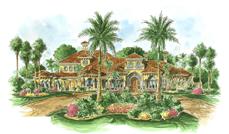 This image shows the front elevation of these Mediterranean Houseplans.