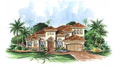 This image shows the exterior to this set of Mediterranean House Plans.