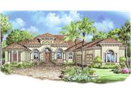 This image shows the front elevation for these Mediterranean House Plans.