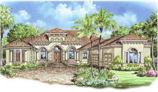 This image shows the front elevation for these Mediterranean House Plans.
