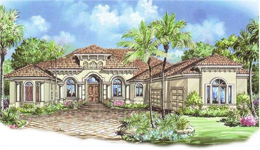 This image shows the front elevation for these Mediterranean House Plans.
