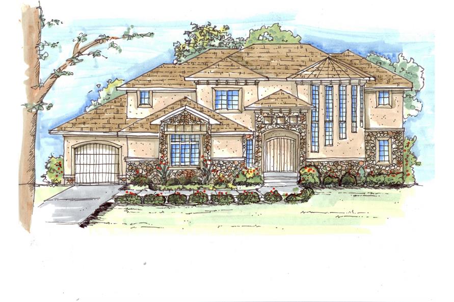 This is an artist's colored rendering of these Mediterranean House Plans.