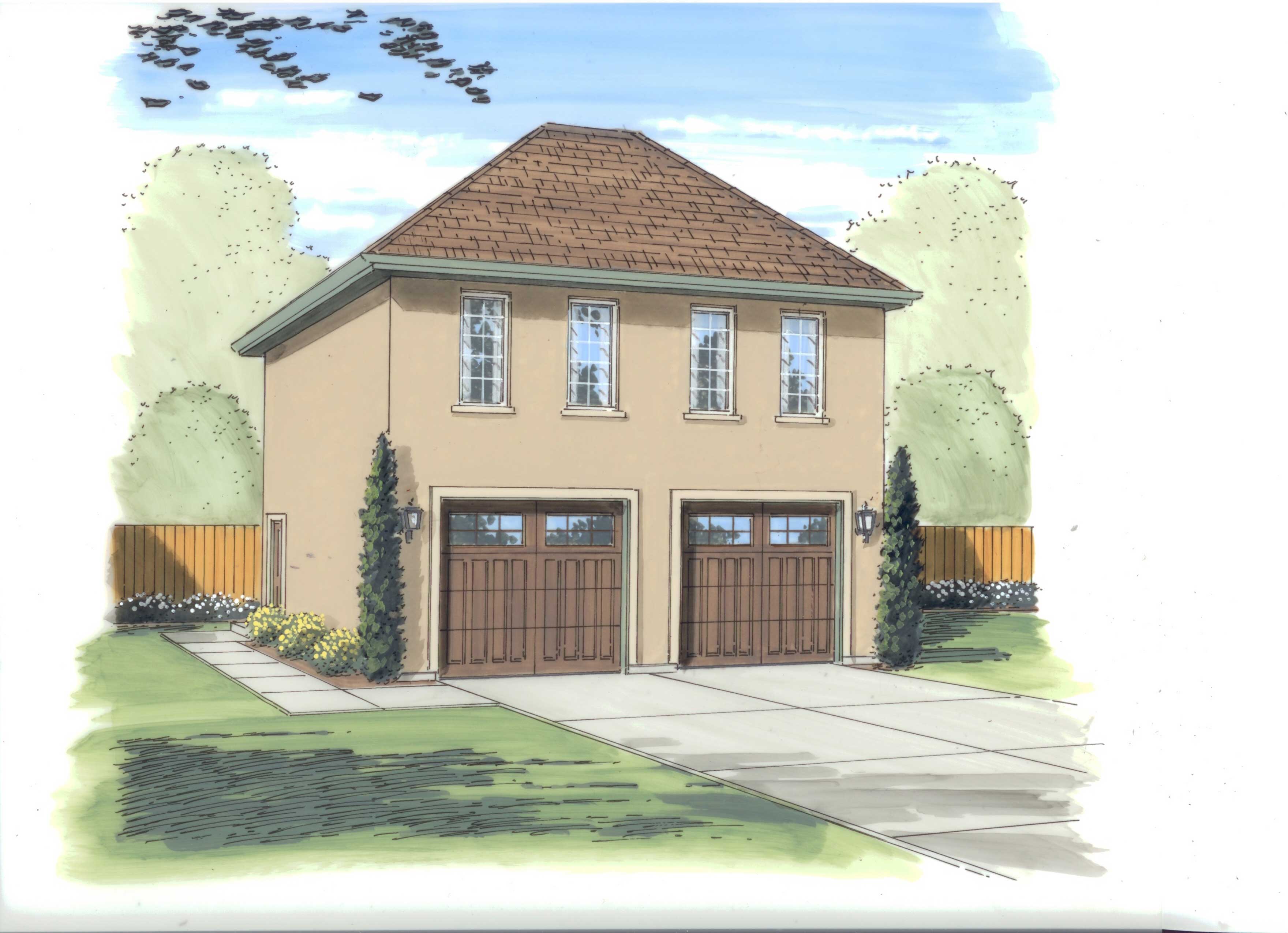 This image shows the front elevation of these Garage Plans. 