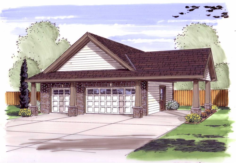 This image shows the front elevation of these Garage Plans.