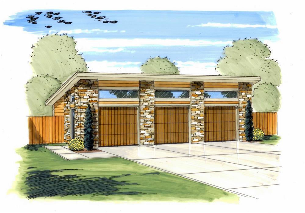 This is the front elevation of these Prairie style Garage Plans.
