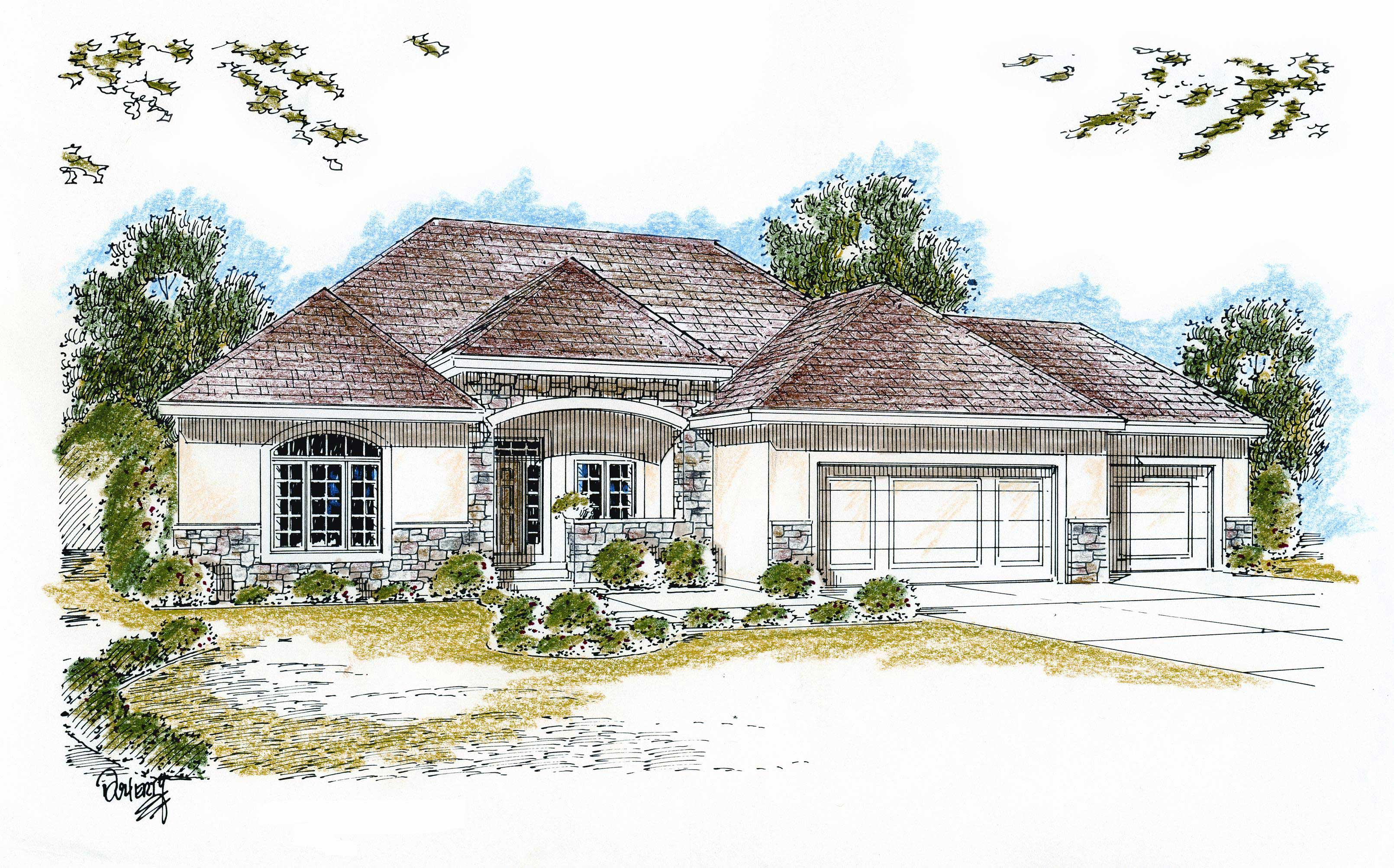 This is a color rendering of these European Home Plans.